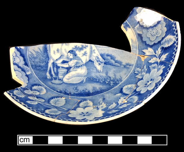 Pearlware printed underglaze saucer in pastoral motif. Rim diameter: 5.75”. Lot:1G2.458.2.  18BC38